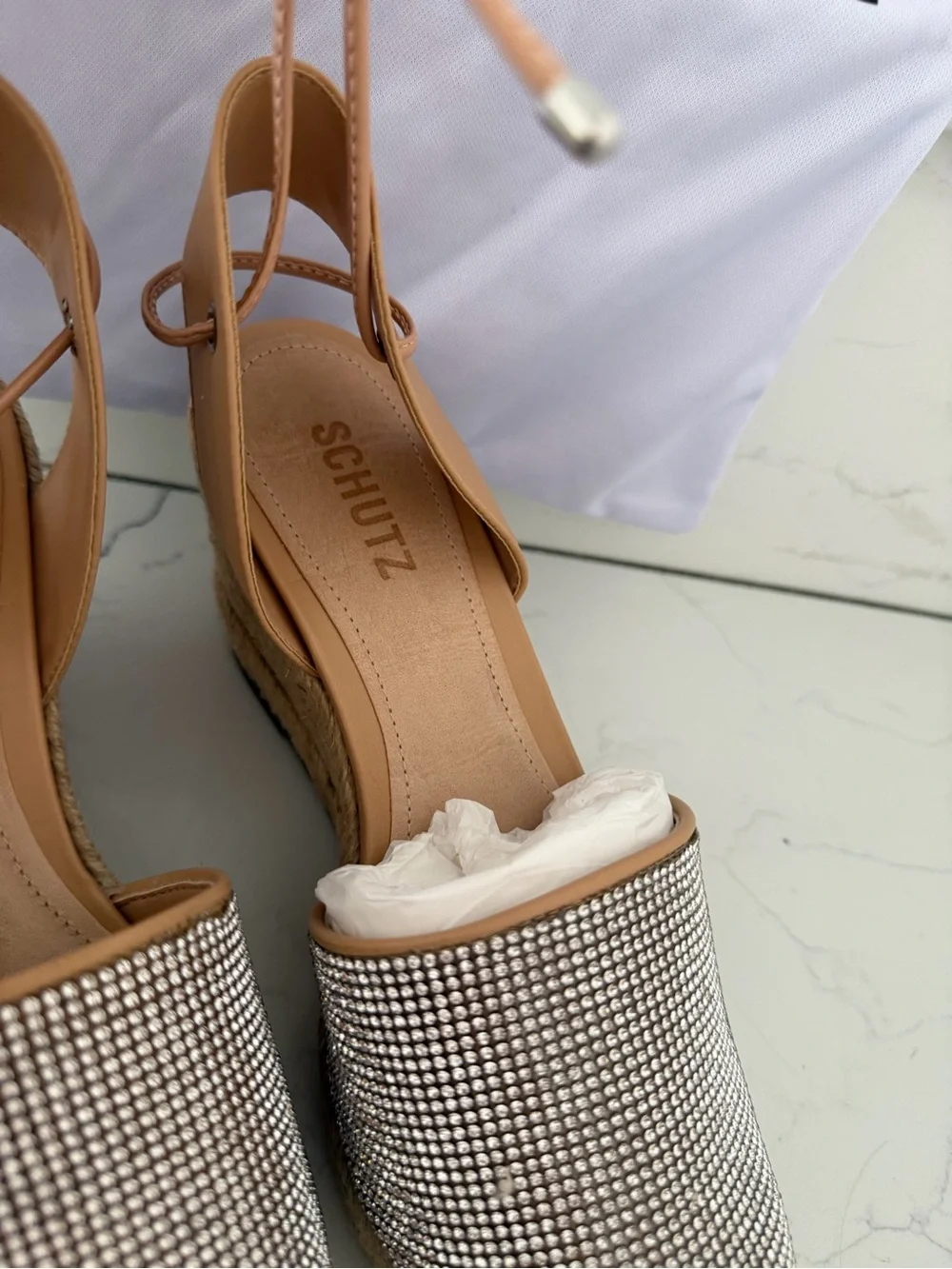 SCHUTZ Tan Espadrille Lace-Up Flats with Silver Rhinestone Toe